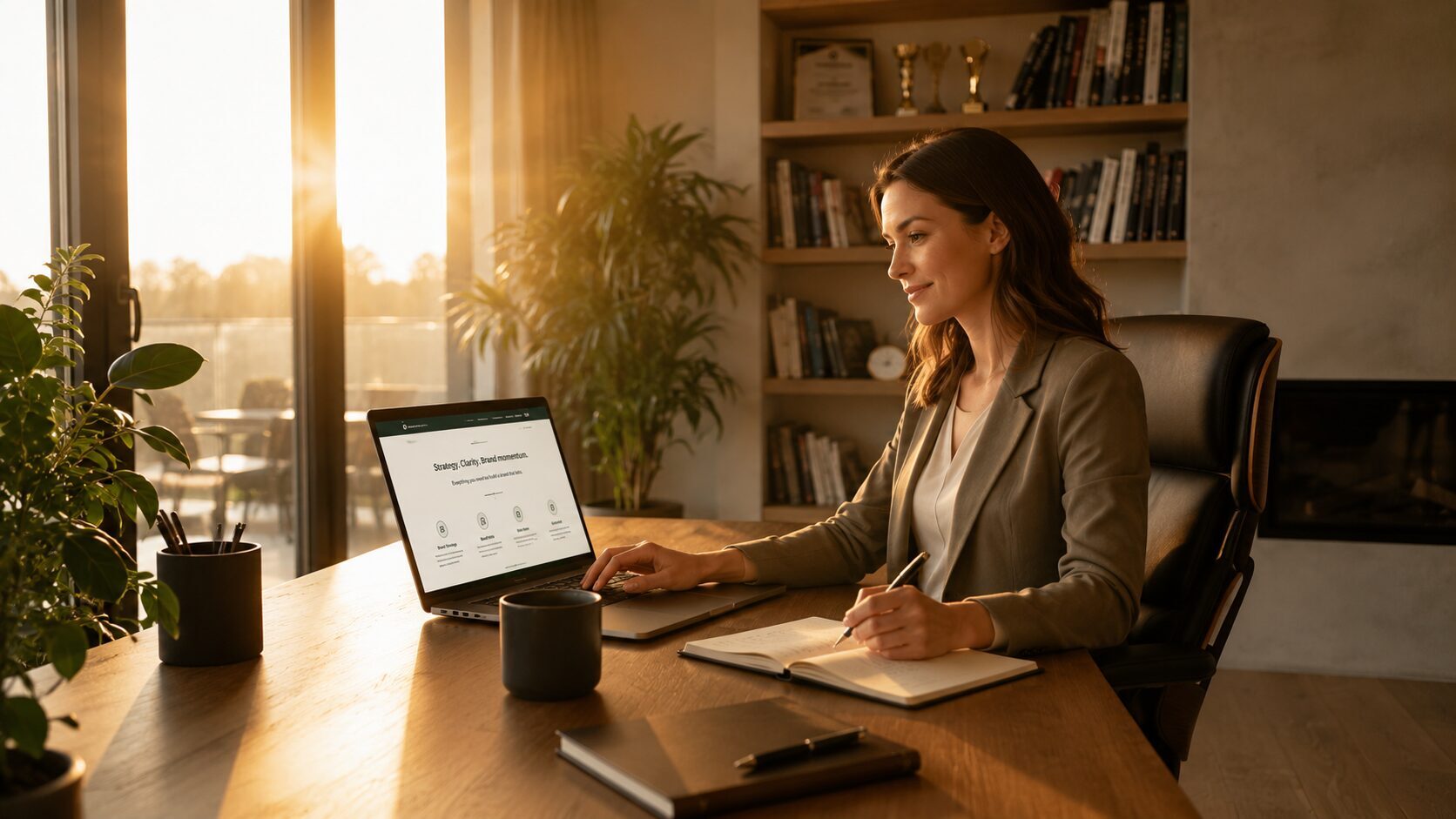 Business owner sitting at a desk, working on her brand strategy on a laptop.