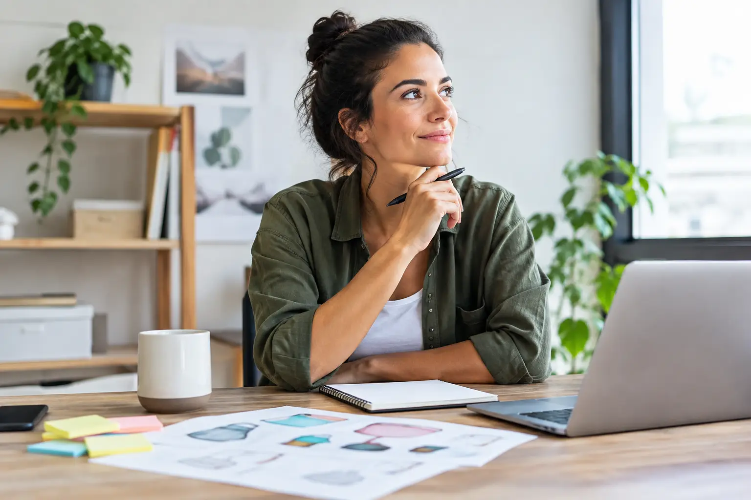 Aspiring business owner evaluating an idea with notes and sketches at her desk
