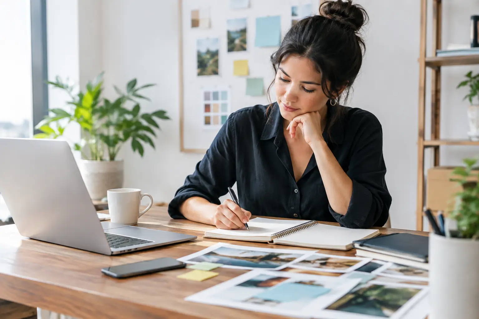 Founder planning launch materials and first-customer actions at her desk