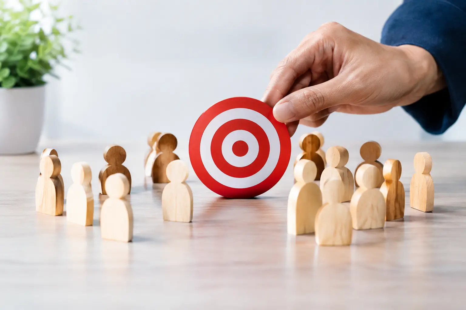 A target symbol placed among wooden figures representing a small-business audience