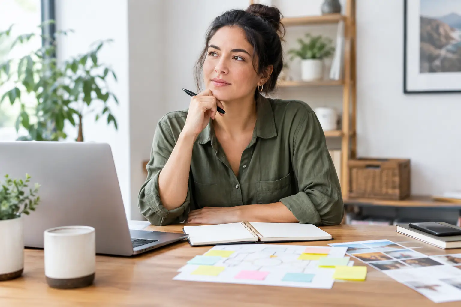 Business owner comparing launch plans and working materials at her desk