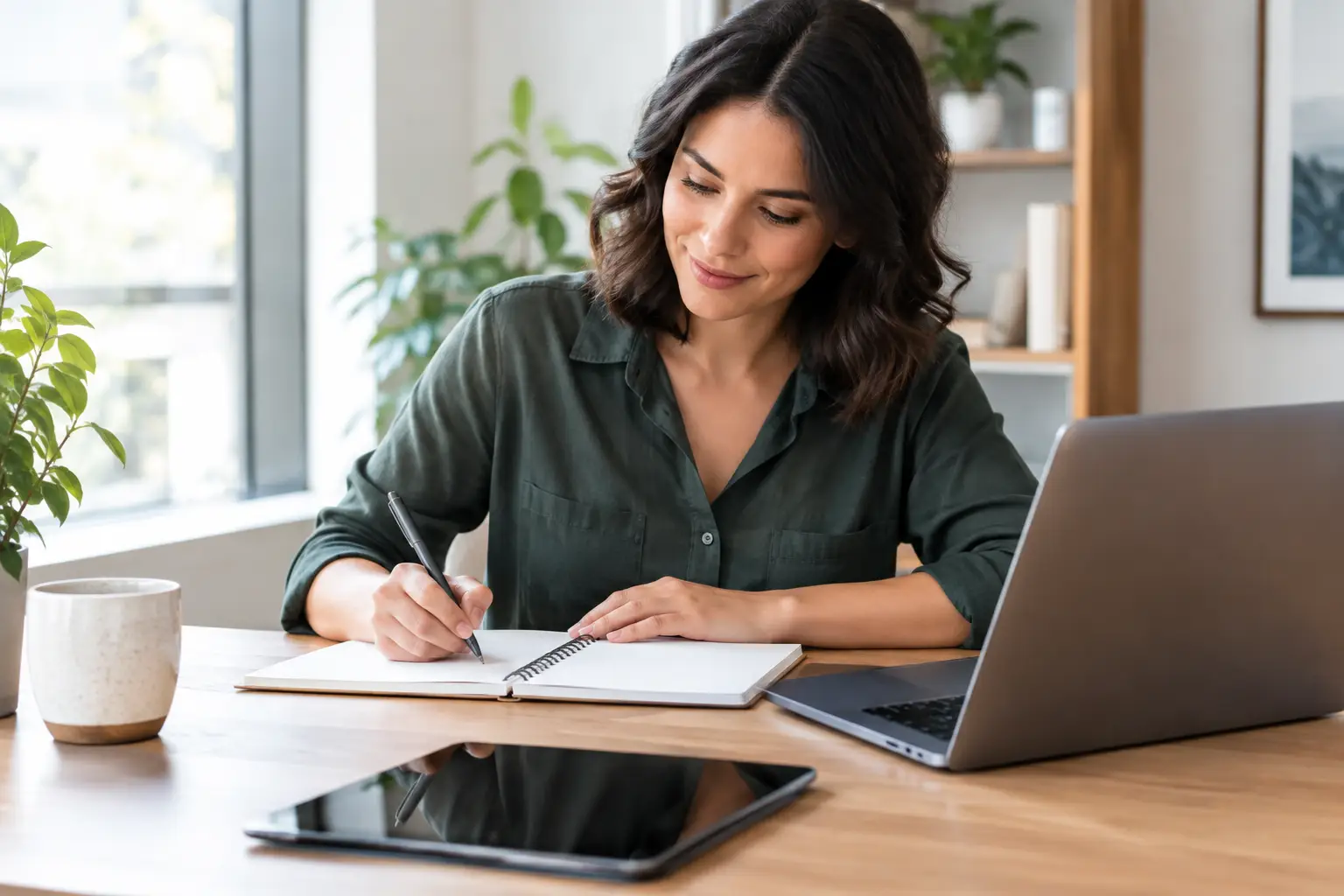 Small-business owner comparing planning tools while writing in a notebook