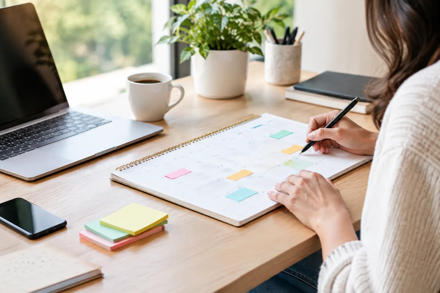 Small-business owner planning a pre-launch marketing calendar at her desk