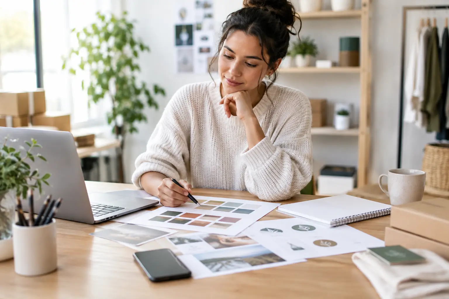 Small-business owner reviewing brand colors, imagery, and logo materials at her desk