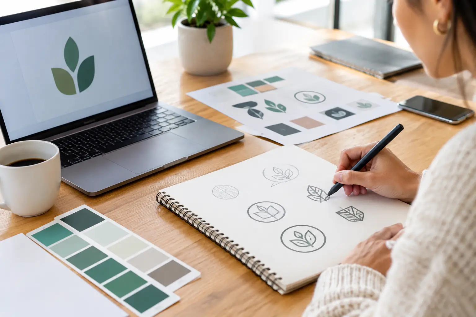 Business owner developing a starter logo system at a desk